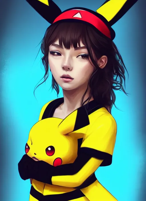 Image similar to a portrait of a girl in pikachu costume, grim - lighting, high - contrast, intricate, elegant, highly detailed, digital painting, artstation, concept art, smooth, sharp focus, illustration