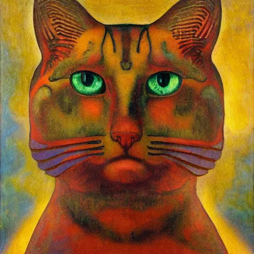 Image similar to cloisonne cat head sculpture, by annie swynnerton and diego rivera and nicholas roerich and jean delville, symbolist, dramatic lighting, god rays, art brut, rich colors, smooth, sharp focus, extremely detailed, adolf wolfli and ( donato giancola and bilibin )