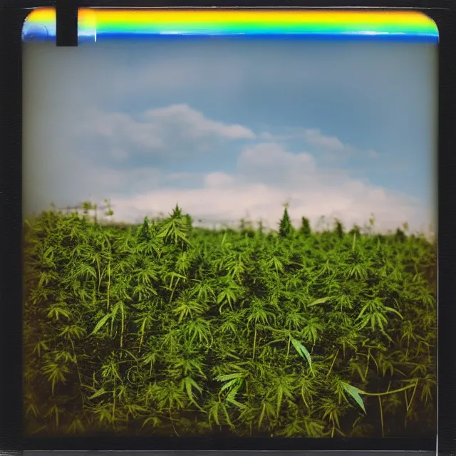 Image similar to very beautiful polaroid photo of a cannabis field by a stream on a clear day with a rainbow