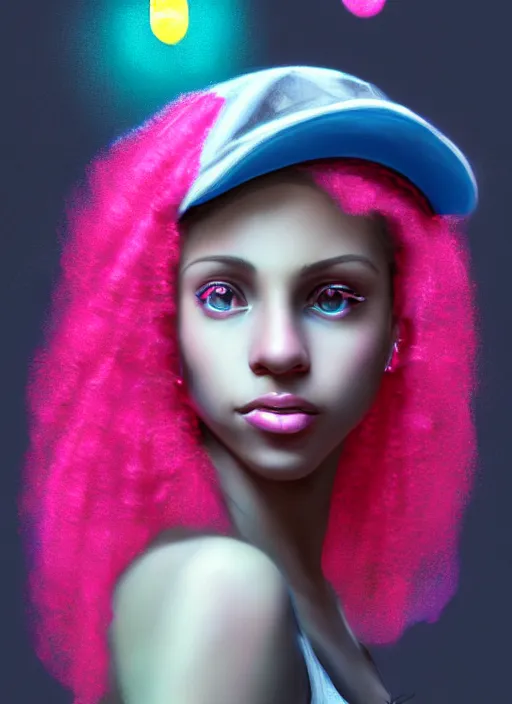 Image similar to portrait of teenage vanessa morgan with bright pink hair, black girl, curly pixie cut hair, wearing newsboy cap, pink short haircut, newsboy cap, hoop earrings, blue eyes, intricate, elegant, glowing lights, highly detailed, digital painting, artstation, concept art, smooth, sharp focus, illustration, art by wlop, mars ravelo and greg rutkowski