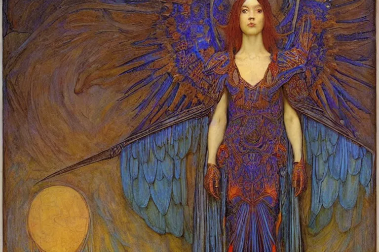 Image similar to coronation of the raven, by Annie Swynnerton and jean delville and Nicholas Roerich, bioluminescent skin!, elaborate costume, geometric ornament, symbolist, rich colors, dramatic lighting, smooth, sharp focus, extremely detailed