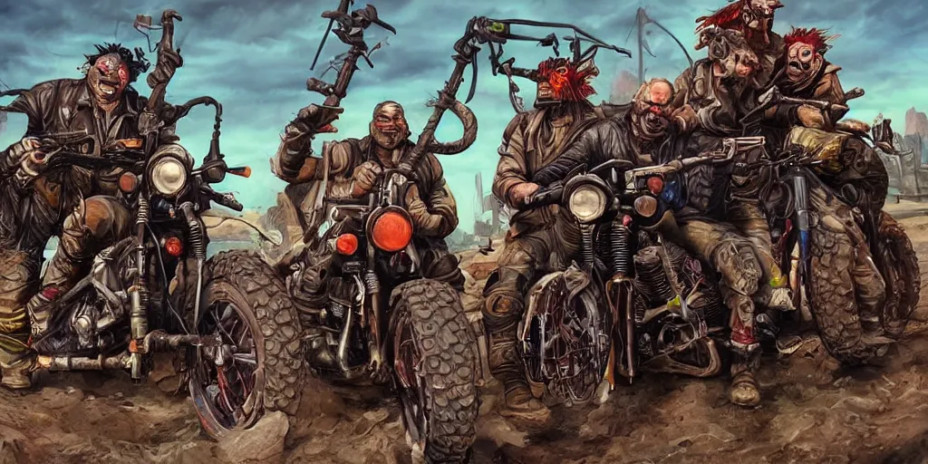 Prompt: colorful post-apocalyptic orcish motorcycle gang, featured on artstation