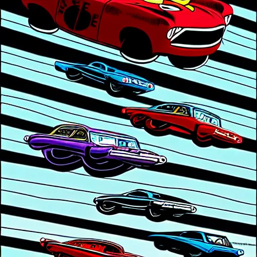 Image similar to cars being juggled in the air, comic book cover art, in the style of todd mcfarlane and jack kirby, with a haunting background, digital photography, photorealistic, realistic, extreme detail