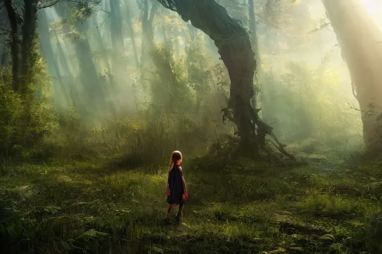 Image similar to the great beyond, sci - fi scene future new york, little girl holding a hand of a big robot, forest punk, crepuscular rays, epic scene, hyper realistic, photo realistic, overgrowth, cinematic atmosphere, ethereal lighting, style of john - waterhouse