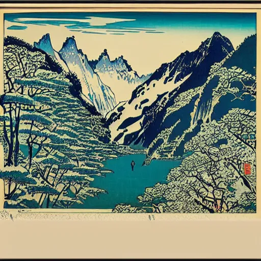 Prompt: Lauterbrunnen in the summer. woodblock print by Hokusai, masterpiece