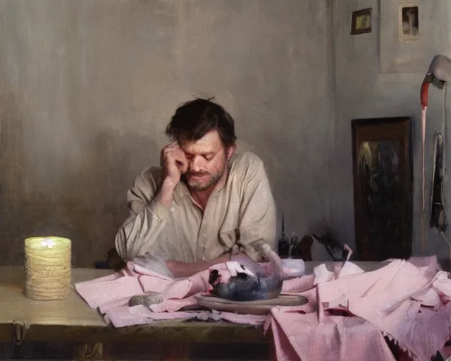 Prompt: an exhausted painter in his studio painting a picture of a pink penguin - key lighting, soft lights, foggy, by steve hanks, by lisa yuskavage, by serov valentin, by tarkovsky, 8 k render, detailed, oil on canvas