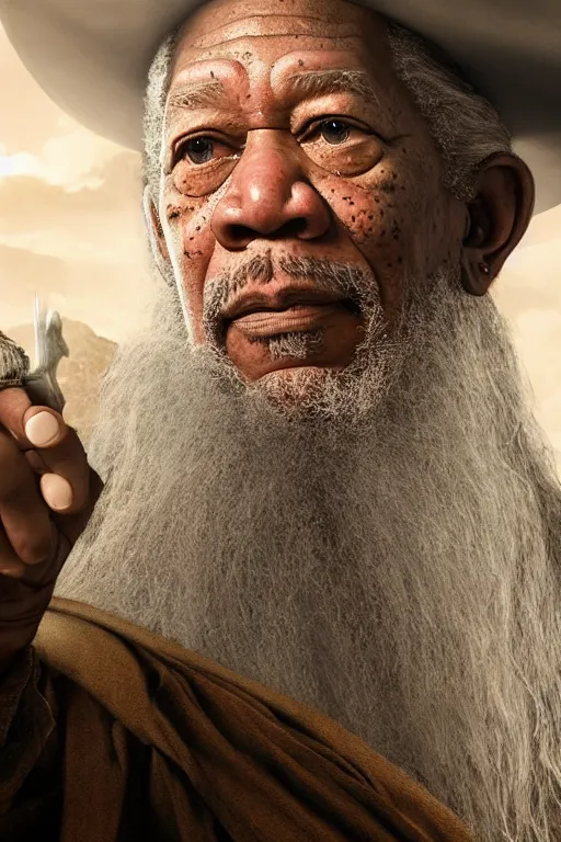 Image similar to morgan freeman starring as gandalf in lord of the rings, cybertronian, long shot, cinematography by wes anderson, 4 k octane render, intricate detail, photorealistic, cinematic lighting, artstation