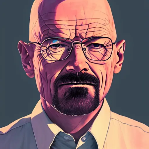 Image similar to ⁠portrait of Walter White, New Mexican desert background, rich vivid colors, ambient lighting, dynamic lighting, 4k, HQ, official media, anime key visual, makoto shinkai, ilya kuvshinov, lois van baarle, rossdraws, detailed, trending on artstation