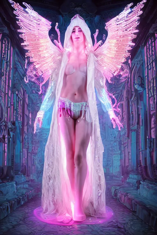 Image similar to full-body rococo and cyberpunk delicate neon crystalline sculpture of ((beautiful albino Latina goddess)) as an iridescent humanoid deity wearing ((peach plastic hooded cloak)) (holding a human skull) in a white castle dungeon, reclining, glowing pink face, crown of (pink lasers), large blue diamonds, swirling black silk fabric. futuristic elements. oozing glowing liquid, full-length view. space robots. intricate artwork by caravaggio. Trending on artstation, octane render, cinematic lighting from the right, hyper realism, octane render, 8k, depth of field, 3D