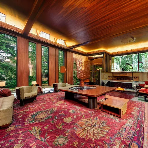 Image similar to A vast beautiful fully stocked living room area in a mansion designed and decorated by Frank Lloyd Wright, rugs, sofa, chairs, fireplace with a fire going, tables,