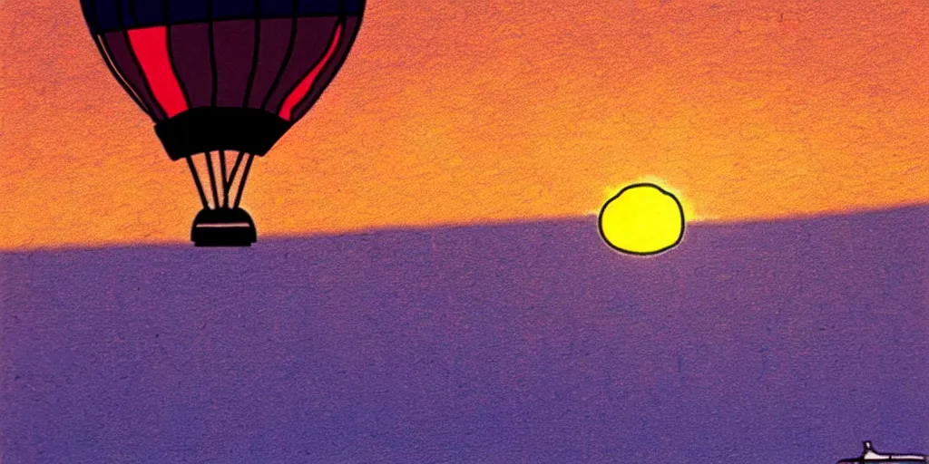 Image similar to hot air balloon, sunset, cartoon by moebius