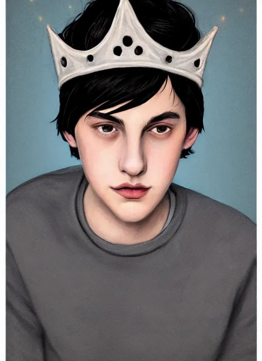 Image similar to portrait of teenage jughead jones wearing a light grey crown, photorealistic, crown, eyes closed, crown, black hair, sweater with letter s on it, letter s, intricate, elegant, glowing lights, highly detailed, digital painting, artstation, concept art, smooth, sharp focus, illustration, art by wlop, mars ravelo and greg rutkowski