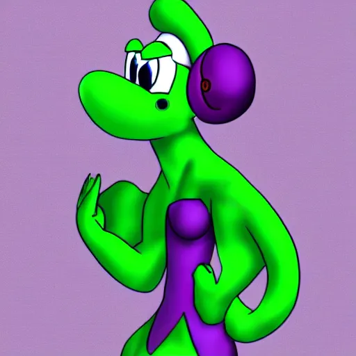 Image similar to anthropomorphic light green yoshi wearing a purple jacket, black shirt, purple skirt, purple heels, nintendo, digital art, deviantart