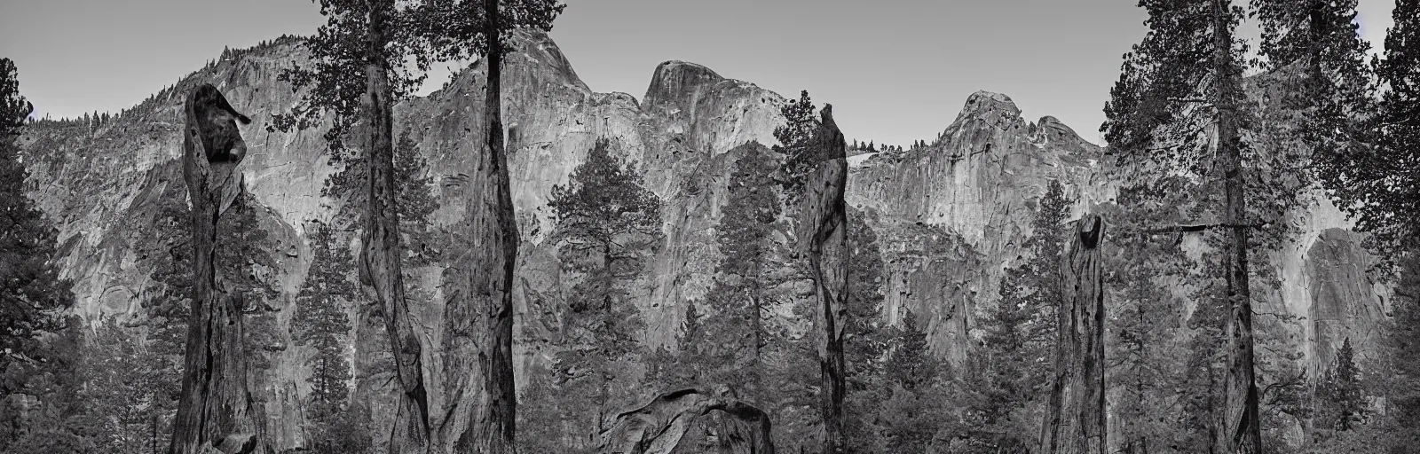 Image similar to to fathom hell or soar angelic, just take a pinch of psychedelic, medium format photograph of two colossal minimalistic necktie sculpture installations by antony gormley and anthony caro in yosemite national park, made from iron, marble, and limestone, granite peaks visible in the background, taken in the night