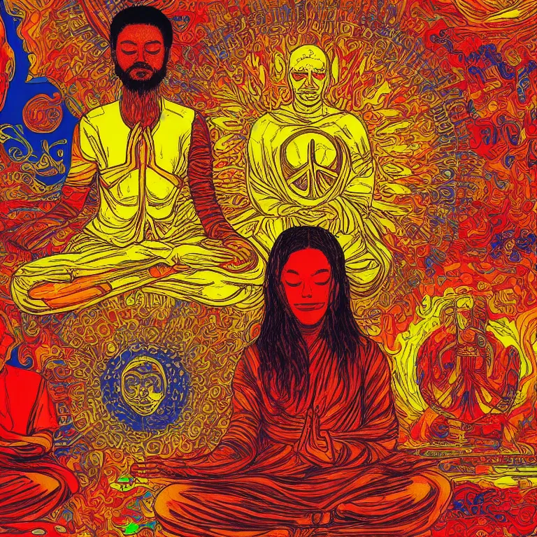 Prompt: human smiling meditating supreme peace immense knowledge infinite color dmt art red yellow orange fear suffering impending doom in background