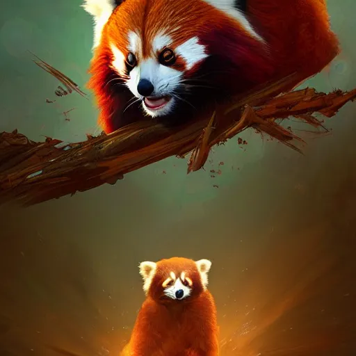 Prompt: red panda as god emperor character, digital illustration portrait design, by android jones and greg rutkowski, retrowave color scheme, detailed, cinematic lighting, wide angle action dynamic portrait