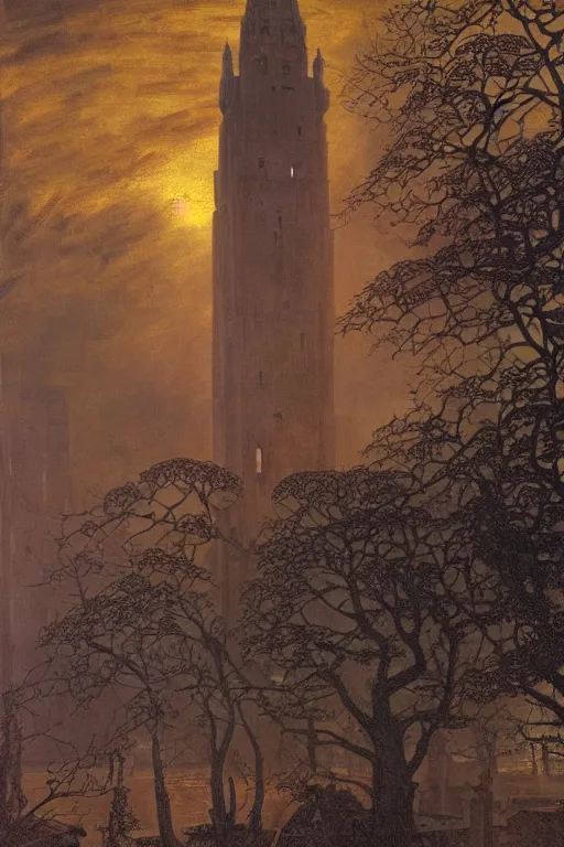 Image similar to view of the old tower and its gardens after a storm, tall windows lit up, beautiful ornamental architecture, dramatic cinematic lighting, rich colors, by Caspar David Friedrich and Diego Rivera and ford madox brown and Nicholas Roerich and April Gornik, smooth, sharp focus, extremely detailed, featured on artstation
