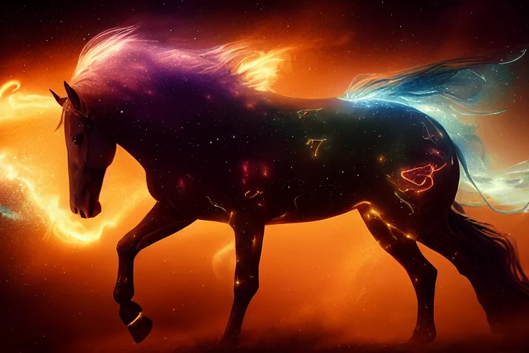 Image similar to a stunning horse made of a illuminated star chart running through a space nebula by greg rutkowski, high key lighting, volumetric light, digital art, highly detailed, fine detail, intricate, ornate, complex, octane render, unreal engine, photorealistic