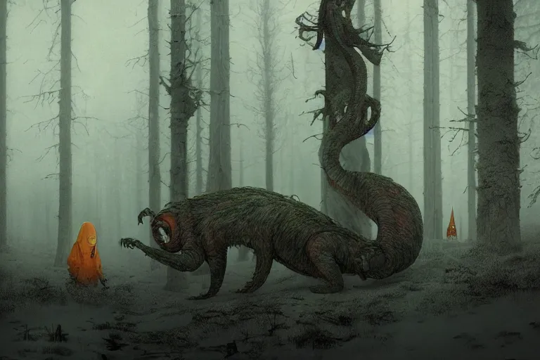 Image similar to creature from your darkest nightmares in a swedish forest, very low angle photograph, very detailed, trending on artstation, realistic, soft colors, illustration by john bauer, simon stålenhag, horror, creepy