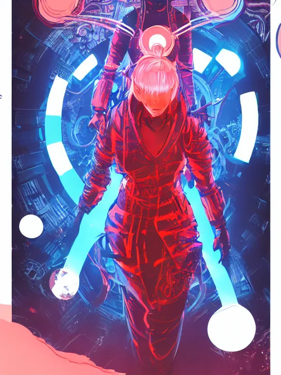 Prompt: a futuristic female geisha warrior, red hair made out of water, blade runner, akira, ghost in the shell, 2077, style of Laurie Greasley and Satoshi Kon + symmetric lights and smoke, psychedelic effects , glowing particles, neon rain, glowing runes, de-noise, symmetrical composition, high detailed + tarot card, ornate border, 8k,