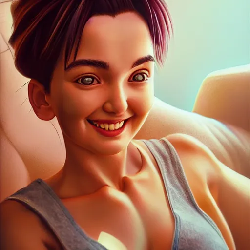 Prompt: intricate beautiful portrait of bulma, smiling softly, casual clothes, relaxing on the couch, home interior, golden hour, close up shot, 8 k, art by irakli nadar, hyperrealism, hyperdetailed, ultra realistic