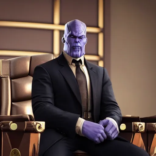 Prompt: thanos from avengers endgame in a suit as a lawyer. thanos, lawyer, avengers endgame.