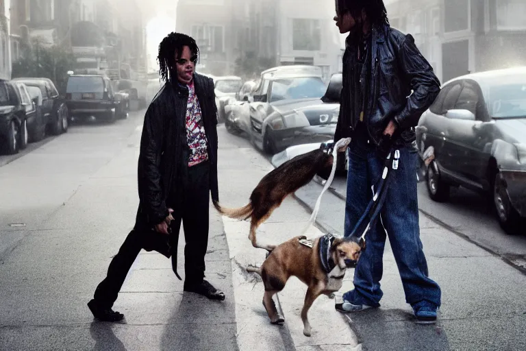 Image similar to photography of michael jackson standing up in the streets of neighborhood with a dog, dynamic lighting, cinematic, high resolution, high details, hyperrealistic