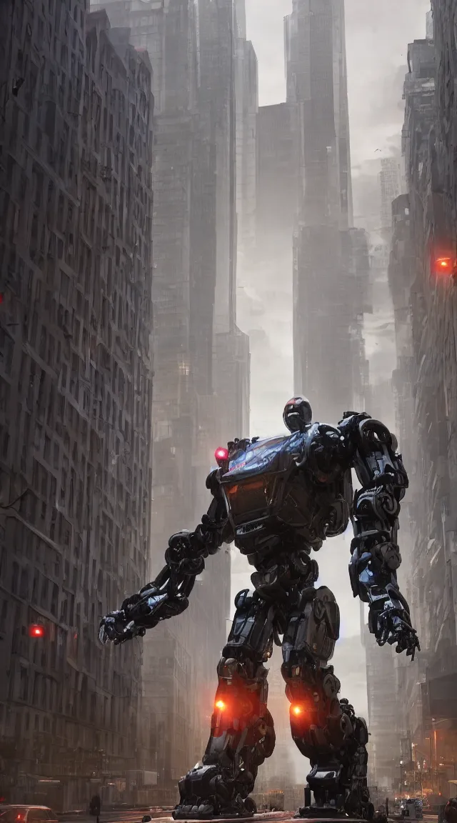 Prompt: hyperrealistic giant robot in city, stunning, realistic, highly detailed attributes and atmosphere, dim volumetric cinematic lighting, 8 k octane extremely hyper - detailed render, post - processing, masterpiece,