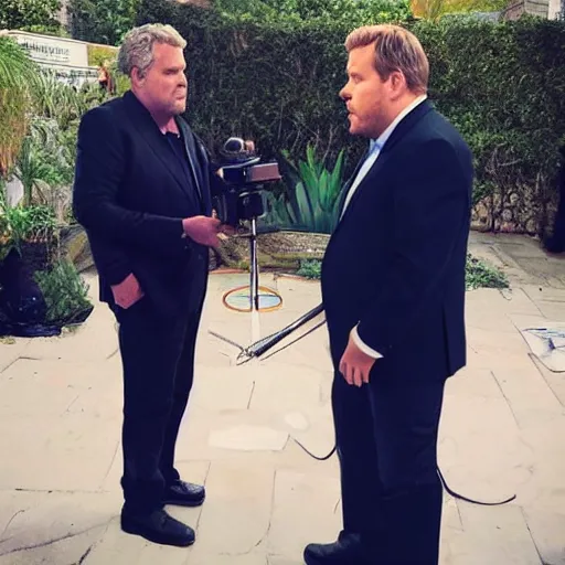 Image similar to “Jeffrey Epstein doing a sketch with James Corden nbc production still”