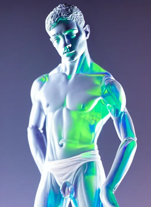 Prompt: a statue of a young fit man made of transparent cristalline glass, on a pedistal, by philippe starck and victoria hagan, cinematic lighting, soft light, iridescent reflections, detailed digital photography by rutkovski and beksinski, masterpiece, gorgeous, 4 k