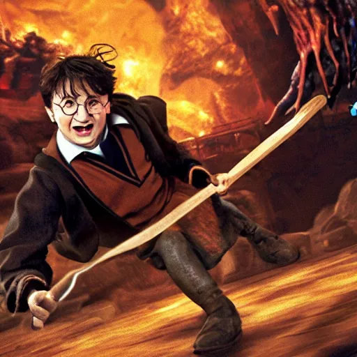 Prompt: Harry Potter riding a broom in Moria fighting Balrog