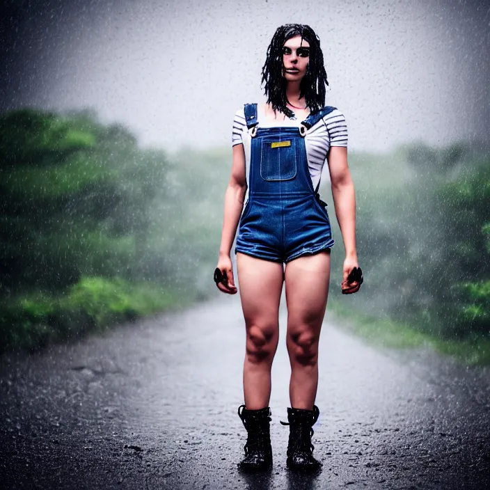 Prompt: fully body pose, photo of a very beautiful!! skull woman, overalls, short shorts, fishnets, combat boots, wet t shirt, raining, 8 k, hdr, smooth, sharp focus, high resolution, award - winning photo, trending on artstation, dslr, 5 0 mm