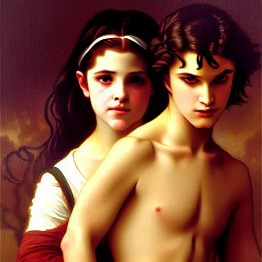 Image similar to twilight version of stranger things, portrait of edward and bella by william - adolphe bouguereau in the style of gaston bussiere, art nouveau