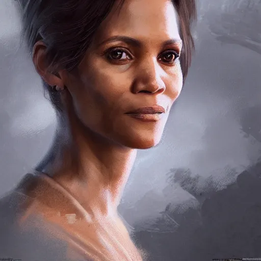 Image similar to portrait of maci holloway, first woman elected as president in usa, cold but beautiful, about 3 5 years old, highly detailed, mix of halle berry and julia roberts gong li,, artstation hd, deviantart, by artgem, greg rutkowski