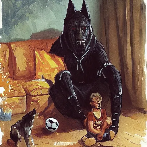 Image similar to a humanoid german shepherd beast - man, sitting and watching a soccer match in his house on television, he has hurt his knee and is a dad, by erin hanson, alexi zaitsev, karl spitzweg, award winning, tv set