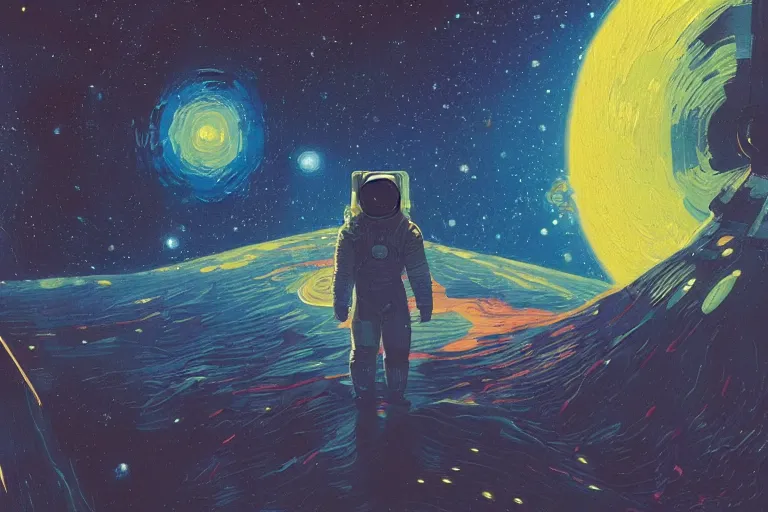 Image similar to digital painting of an astronaut in space, by paul lehr and vincent di fate and van gogh, highly detailed, intricate, science fiction, galaxies, stars, supernova, black hole, galaxy, planet, void, artstation, portrait, cinematic lighting, studio ghibli color pallette, neon lights, trippy, retrofuturism, portrait