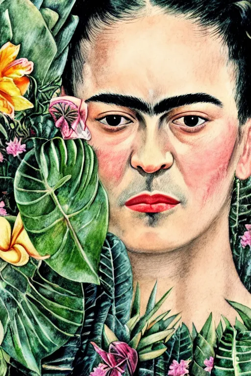 Prompt: frida kahlo realistic portrait closeup surrounded by tropical plants and flowers, art by luis royo and walter crane and kay nielsen, watercolor illustration,