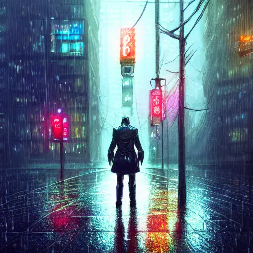 Image similar to A tree under the rain at midnight in a cyberpunk city, fantasy, medieval, vivid colrs, elegant, concept art, sharp focus, digital art, Hyper-realistic, 4K, Unreal Engine, Highly Detailed, HD, Dramatic Lighting by Brom, trending on Artstation