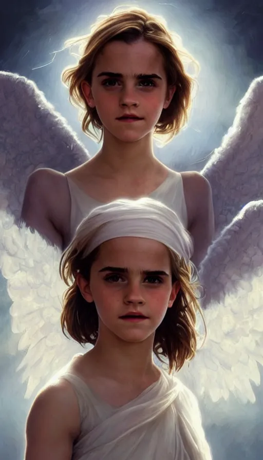 Image similar to angel, perfectly-centered-painting of young Emma watson, sweaty, dynamic action pose, insane, intricate, highly detailed, digital painting, artstation, concept art, smooth, sharp focus, illustration, Unreal Engine 5, 8K, art by artgerm and greg rutkowski and alphonse mucha