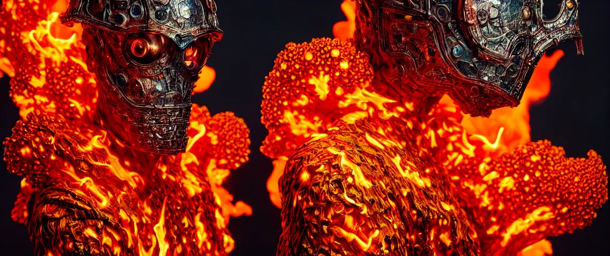 Image similar to hyperrealist highly detailed english medieval portrait of high fashion monster wearing flame fire smoke flame armor, radiating atomic neon corals, veiny network growth with fungal pattern, concept art pascal blanche dramatic studio lighting 8k wide angle shallow depth of field