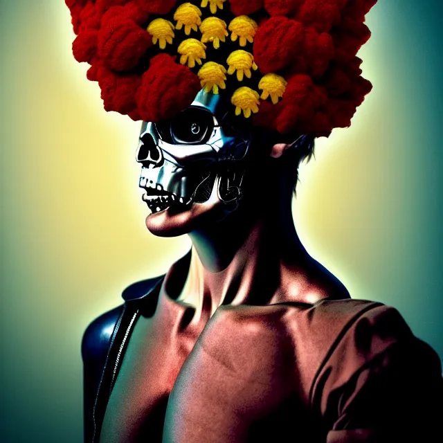 Image similar to bizarre surreal renaissance portrait of the terminator with a a flower afro made out of various flowers, eating flowers, dramatic cinematic lighting, bold colors, 8 k, beautiful intricate painting, hyper realistic, octane render