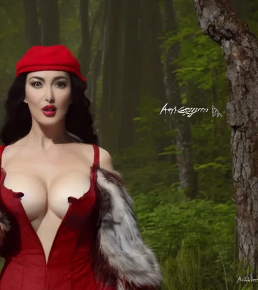 Prompt: film still of Monica Bellucci as snow white ,red hat, fur coat, short hair in a forest by a pond with frogs, by artgerm, makoto sinkai, magali villeneuve, Gil Elvgren, Earl Moran,Enoch Bolles, symmetrical,