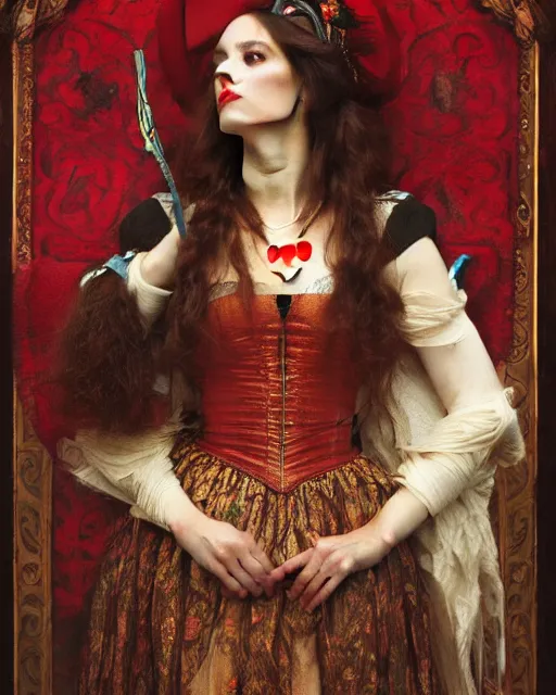 Image similar to 'queen of hearts' from 'alice in wonderland', intricate portrait by john william waterhouse and Edwin Longsden Long and Theodore Ralli and Henryk Siemiradzki, very coherent symmetrical artwork. Cinematic, hyper realism, high detail 8k