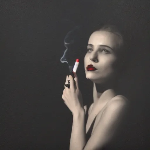 Image similar to a woman smoking a cigarette in a dark room, screenshot by martin scorsese, aestheticism, goth, dark and mysterious, filmic, a photorealistic painting by jerry weiss, shutterstock tumblr contest winner, naturalism, behance hd, shutterstock contest winner