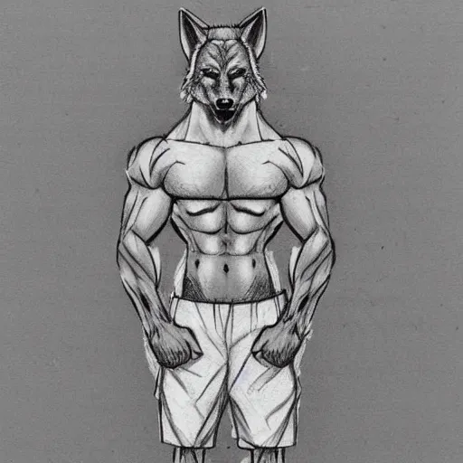Prompt: master furry artist pen napkin sketch full body portrait character study of the anthro male anthropomorphic wolf fursona animal person wearing gym shorts bodybuilder at gym