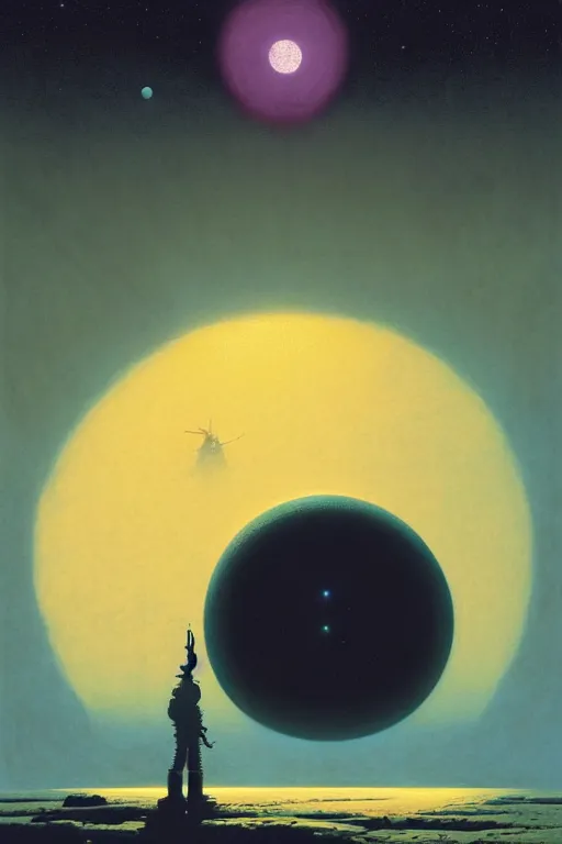 Image similar to emissary space ( designated : ix 3 2 4 4 - a ) by arthur haas and bruce pennington and john schoenherr, cinematic matte painting, 8 k, color palate alien planet under arctic moonlight by moebius by beeple by by jakub rozalski by paul lehr by dan mumford, dark color palate,