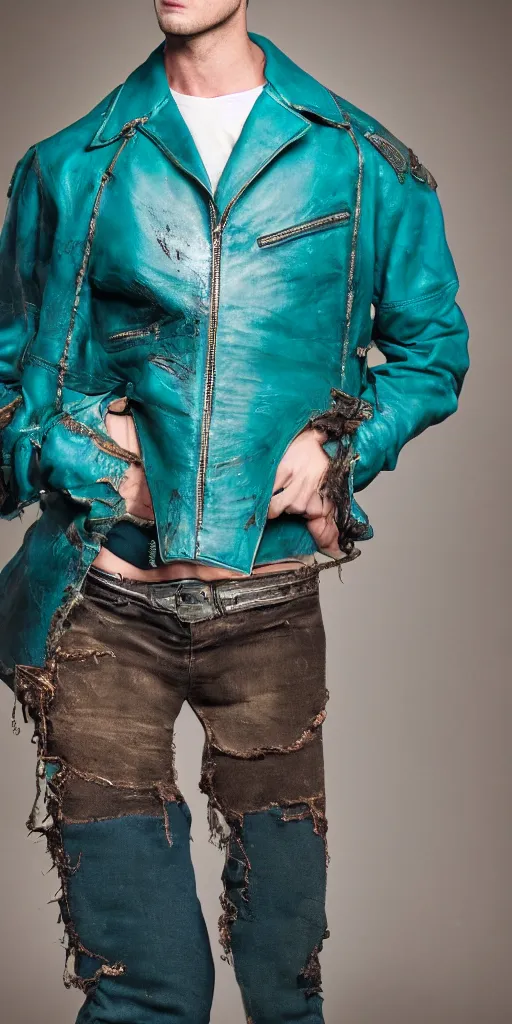 Image similar to an award - winning editorial photo of a male model wearing a teal distressed baggy medieval cropped leather menswear jacket, 4 k, studio lighting