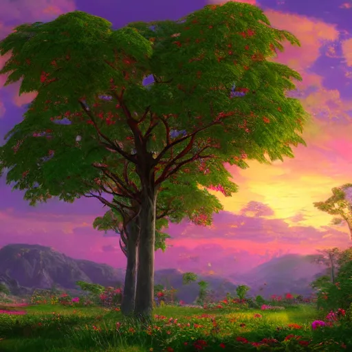 Prompt: A bright and vibrant landscape paradise with lollipop trees and marshmallow clouds by Frederic Edwin Church, James Gurney and Thomas Kinkade, trending on artstation, Unreal Engine, cgsociety, deviantart, 8k render