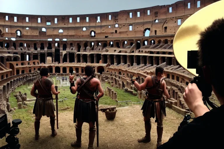 Image similar to vfx film, on set, on location, big production, roman extras, roman army, colosseum, outdoor, behind the scenes, film production, making of, flat color profile low - key lighting award winning photography arri alexa cinematography, hyper real photorealistic cinematic beautiful, atmospheric cool colorgrade