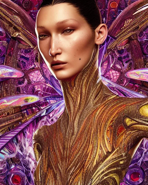 Prompt: a highly detailed metahuman 8 k close up render of bella hadid as alex grey art renaissance in iris van herpen dress schiaparelli in diamonds crystals swarovski and jewelry iridescent in style of alphonse mucha gustav klimt trending on artstation made in unreal engine 4